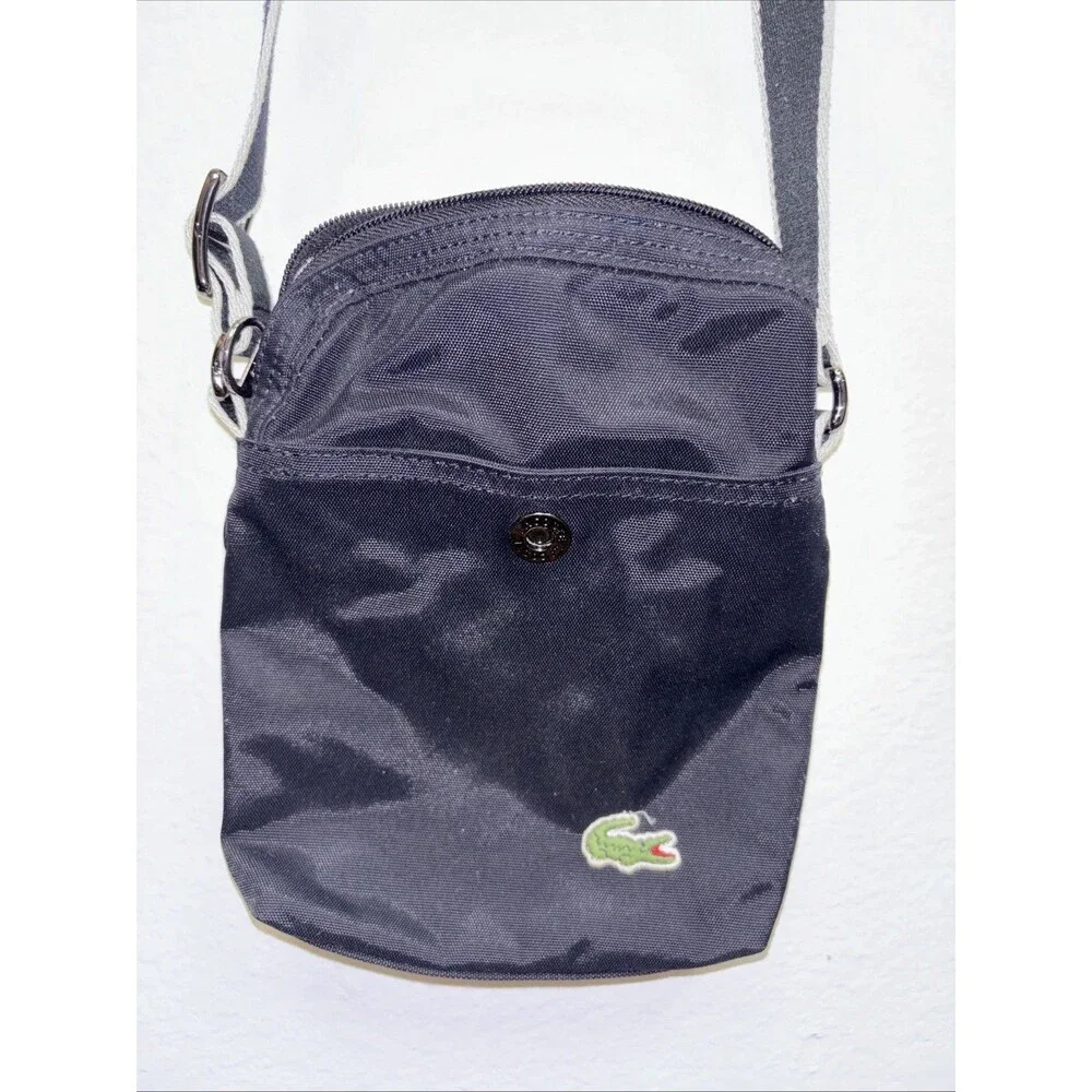 Lacoste Black Crossbody Bag Small Shoulder Bag Adjustable Strap Nylon Logo Snaps